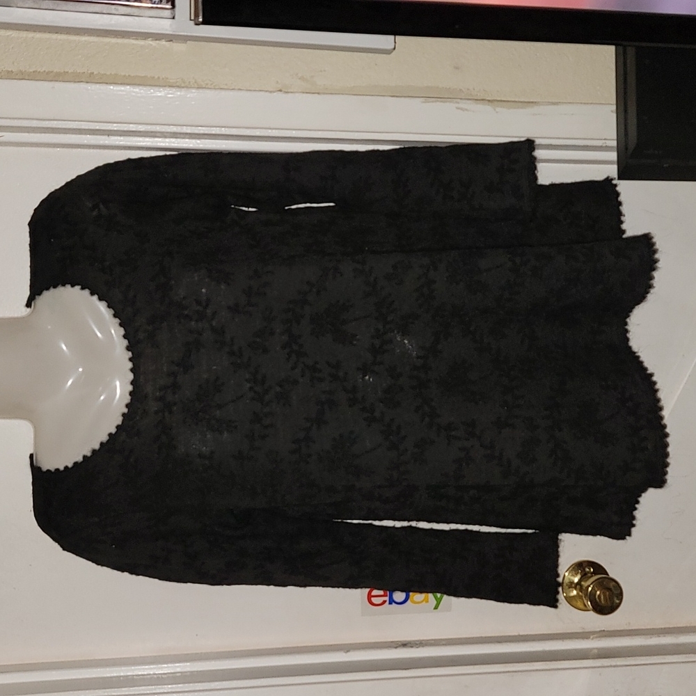 Eileen fisher wool nylon blend Blouse black floral semi sheer
